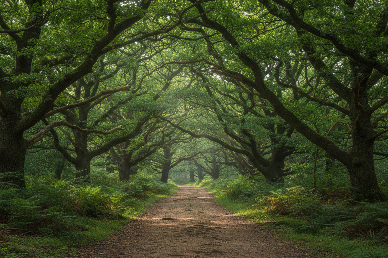 A walking path which many have gone, going through the shaded woods with thick oak tree canopies. 